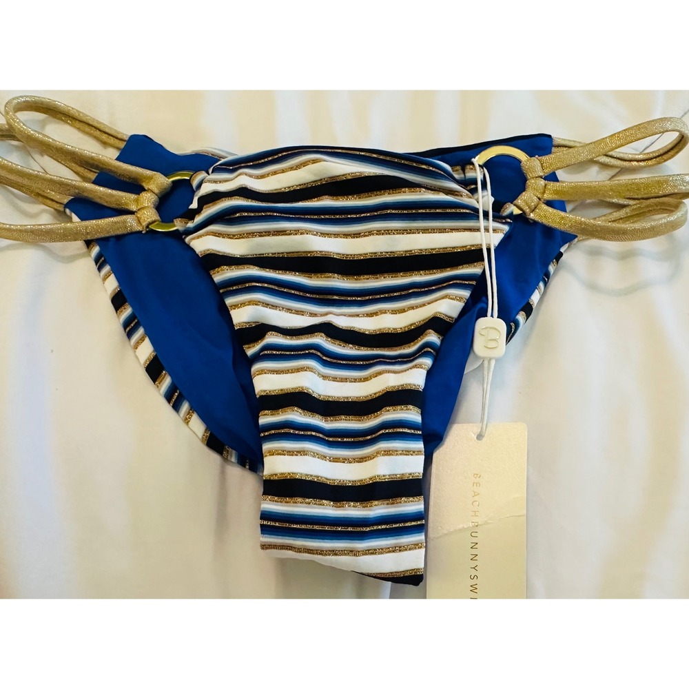 Beach Bunny Swimwear Bikini Bottom L Striped Gold Accent Tie Sides‎ Blue NWT